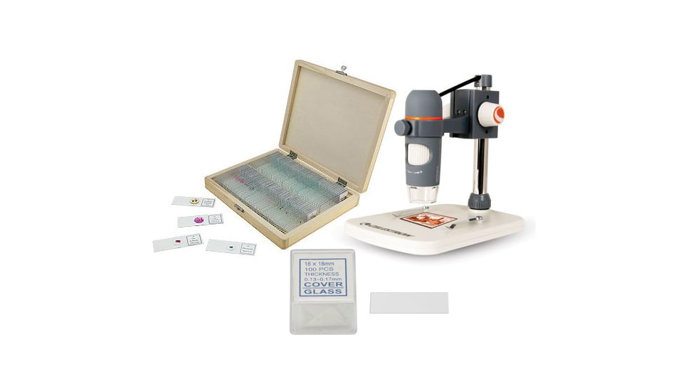 Celestron Handheld Digital Microscope 44308 w/ 100 Prepared Slides and Blank Slide Set