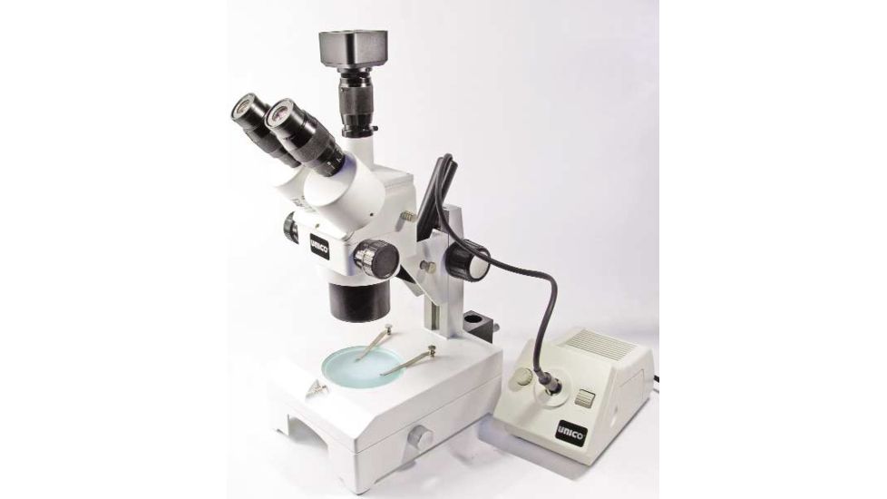 Unico ZM188T Microscope TRINOCULAR WF15X 0.7X-4.5X DPT stand w/top illum. Port and Diascopic Base ZM188T